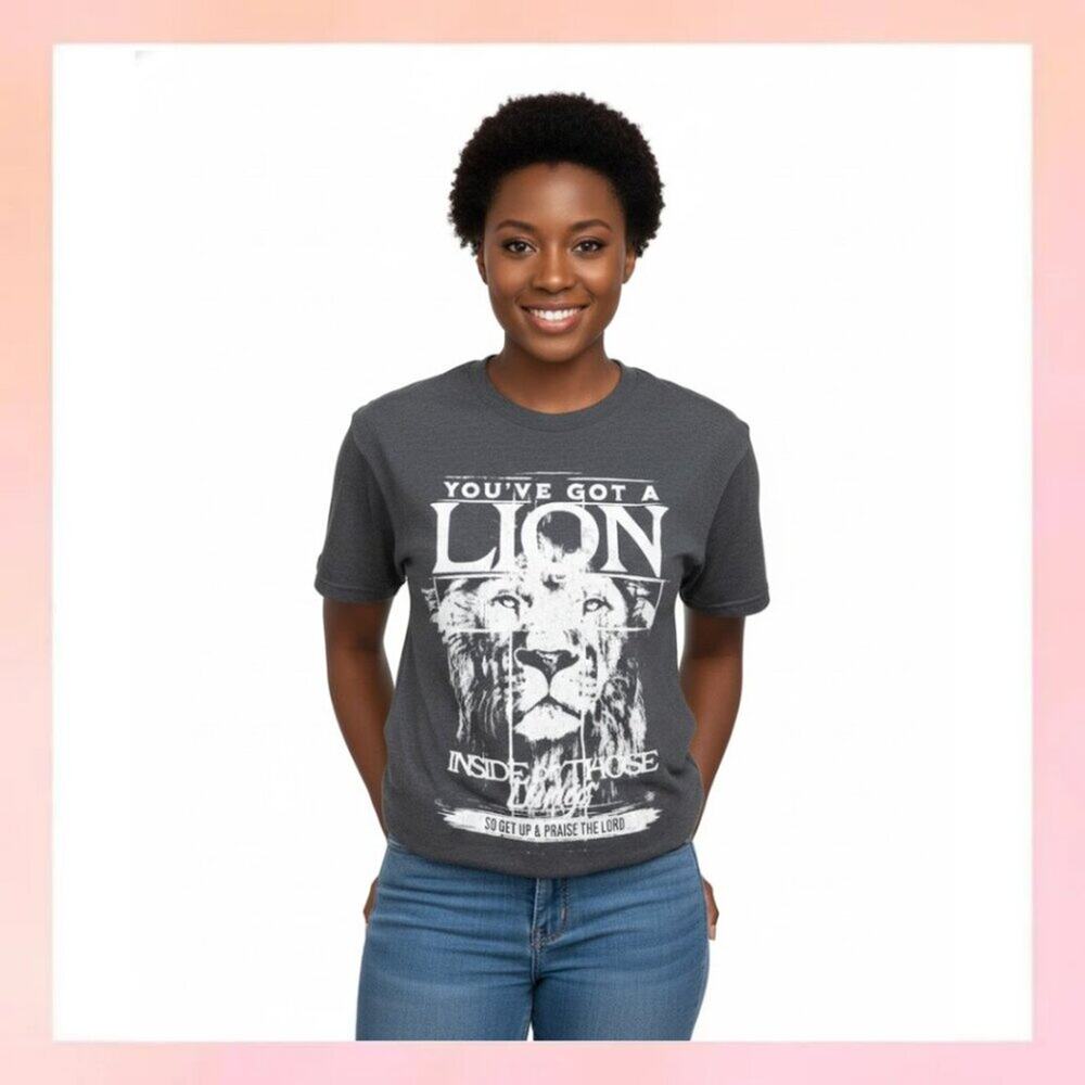 Lion Inside Graphic T-Shirt - Faith Christian Praise Tee - Black/Gray Small